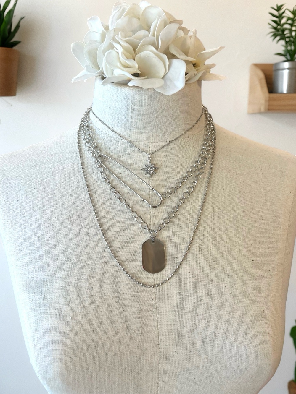 Layered Necklace Set with Star, Safety Pin, Dog Tag Pendants and Ball Chain